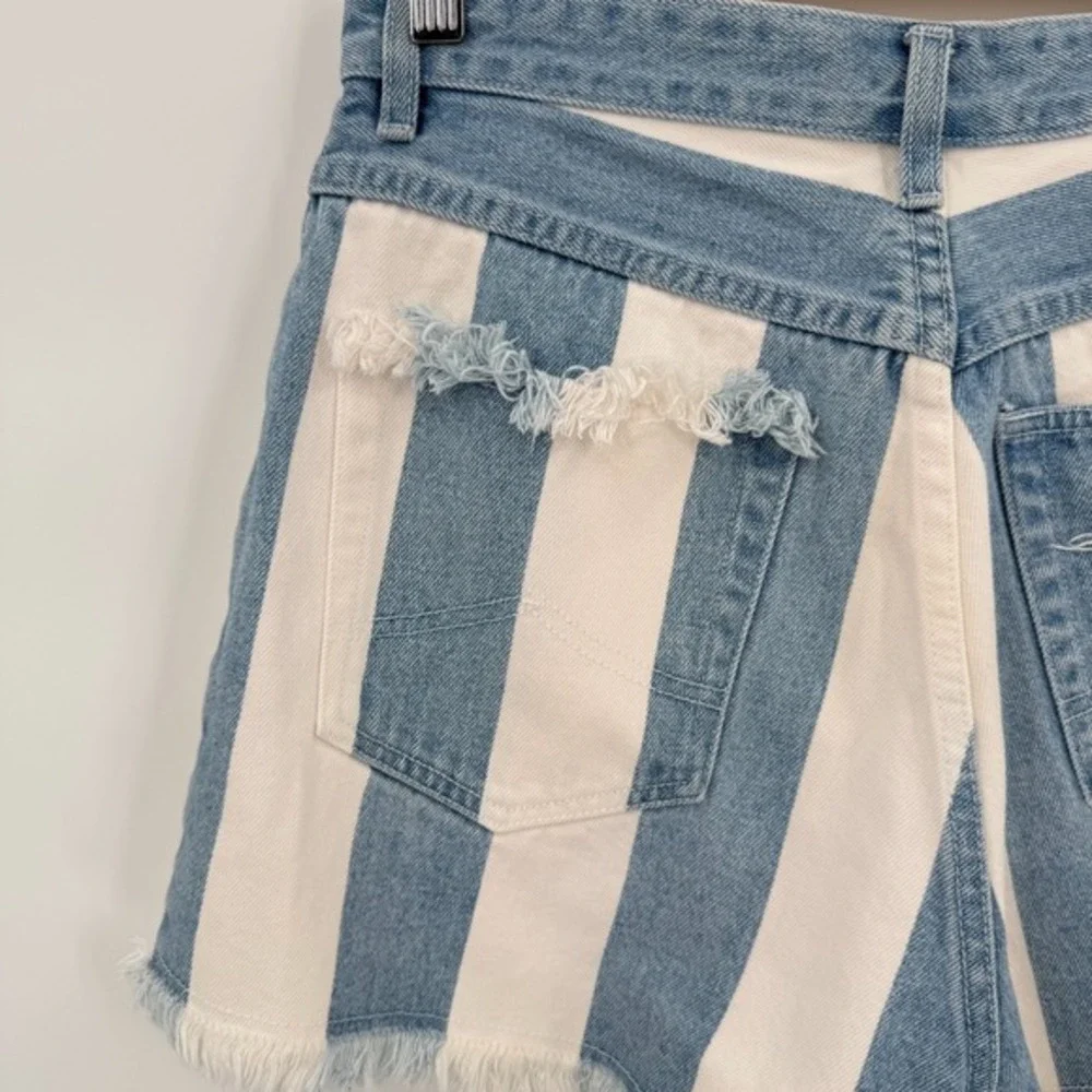Vintage Womens Blue White Striped Cut Off High Waist Shorts Size 11/12 90's